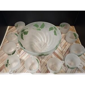 Vintage Federal Glass Frosted Holly Punch Bowl🌲 10 Mugs Retro MCM 1950s Holiday